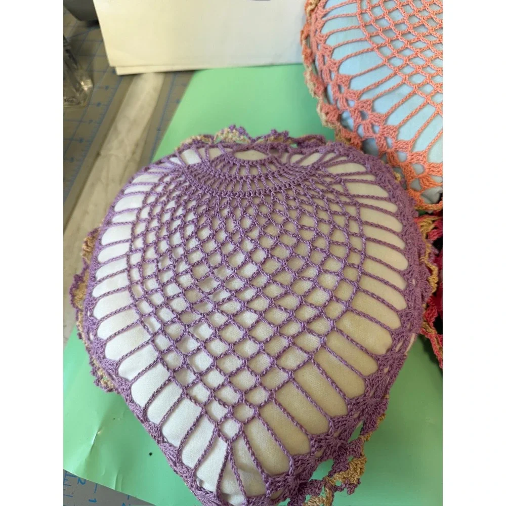 Vintage Heart Crochet Lace Decorative Pillows Set of 3‎ Pink Purple Peach 8x8